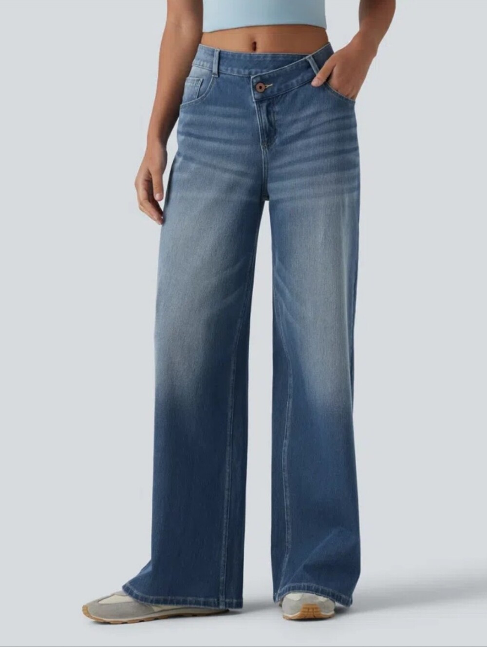 Halara Flex Asymmetrical Mid Rise Wide Leg Jeans Womens Size L Tall Stretch